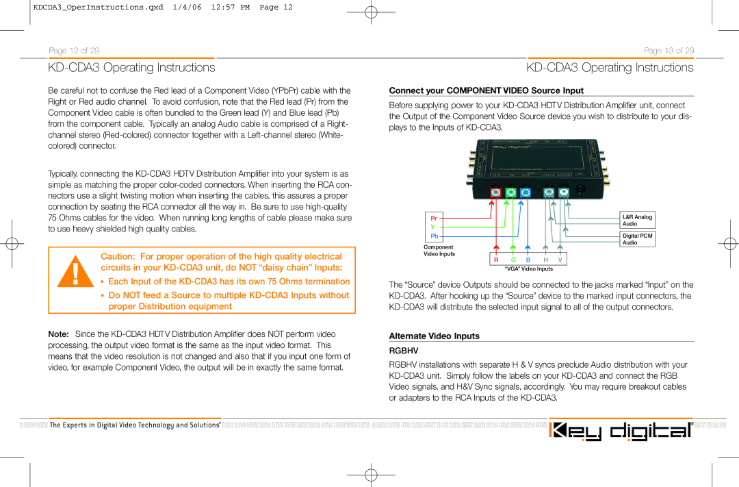 Key Digital KD-CDA3 manual Connect your Component Video Source Input, Alternate Video Inputs 