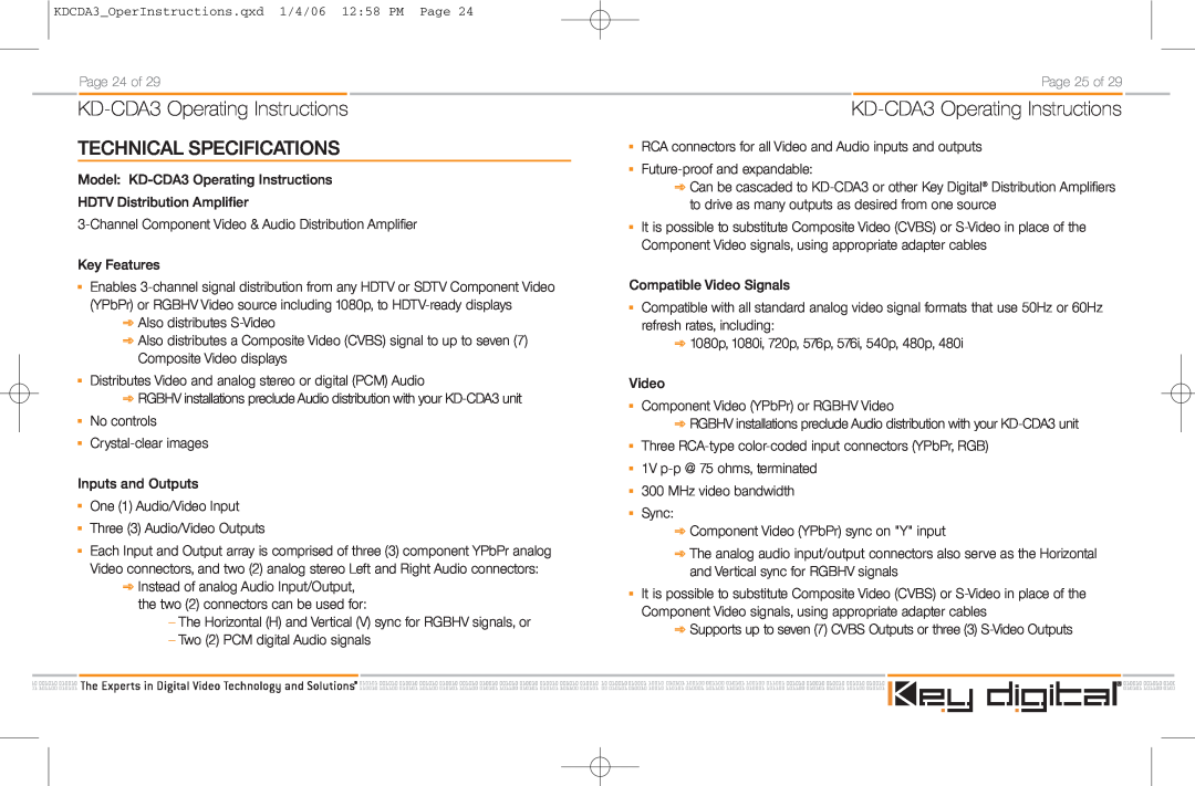 Key Digital manual Technical Specifications, KD-CDA3Operating Instructions 
