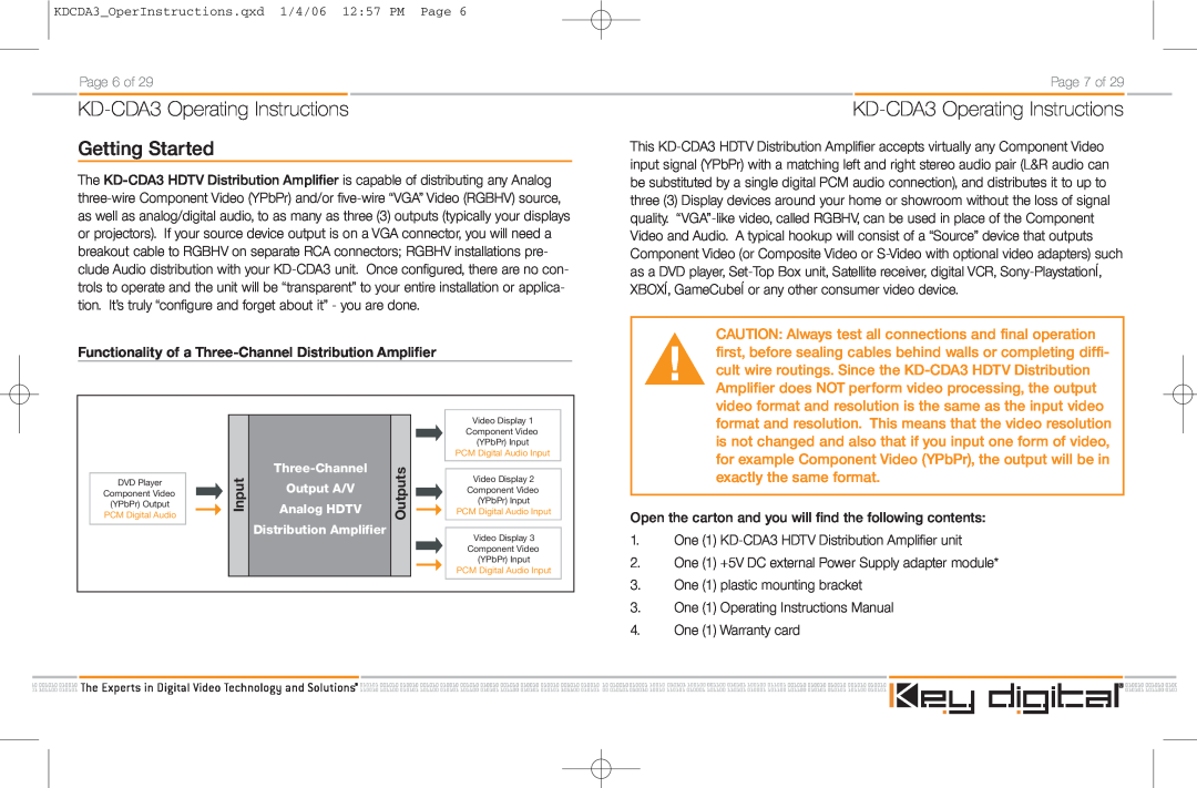 Key Digital manual Getting Started, Outputs, Input, KD-CDA3Operating Instructions, Page 6 of, Page 7 of 