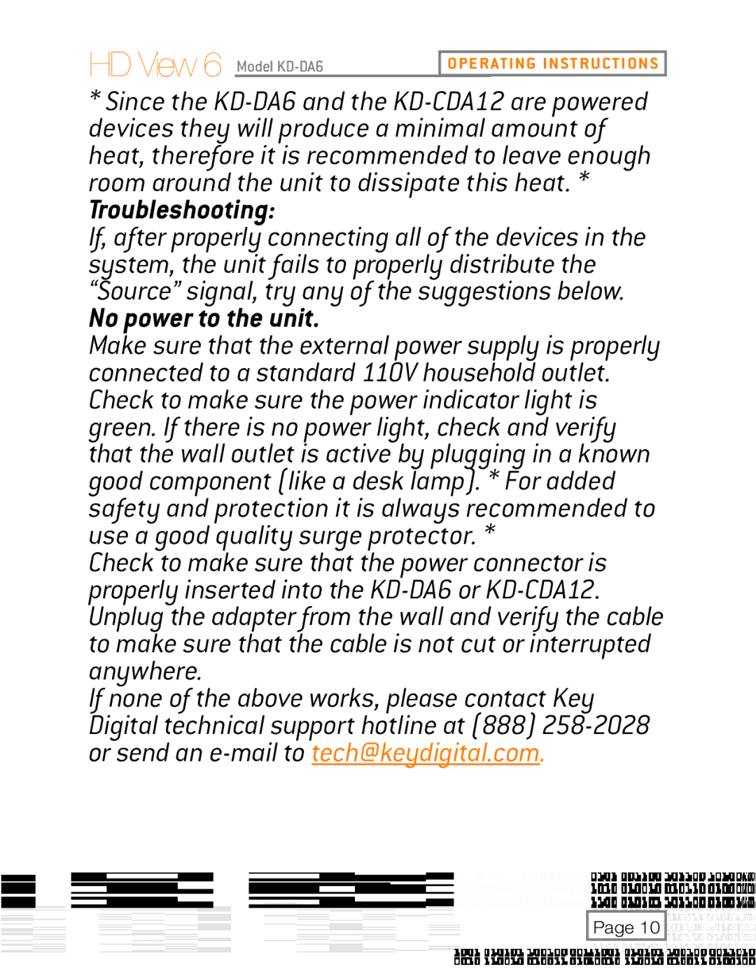 Key Digital KD-DA6, KD-CDA12 user manual Troubleshooting, No power to the unit 