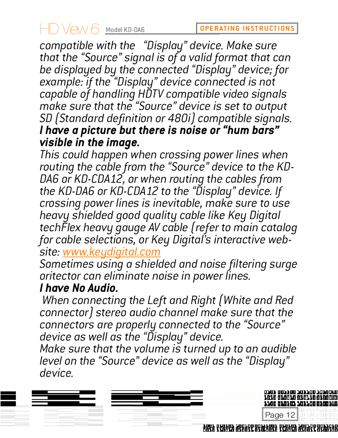 Key Digital KD-DA6, KD-CDA12 user manual Have No Audio 