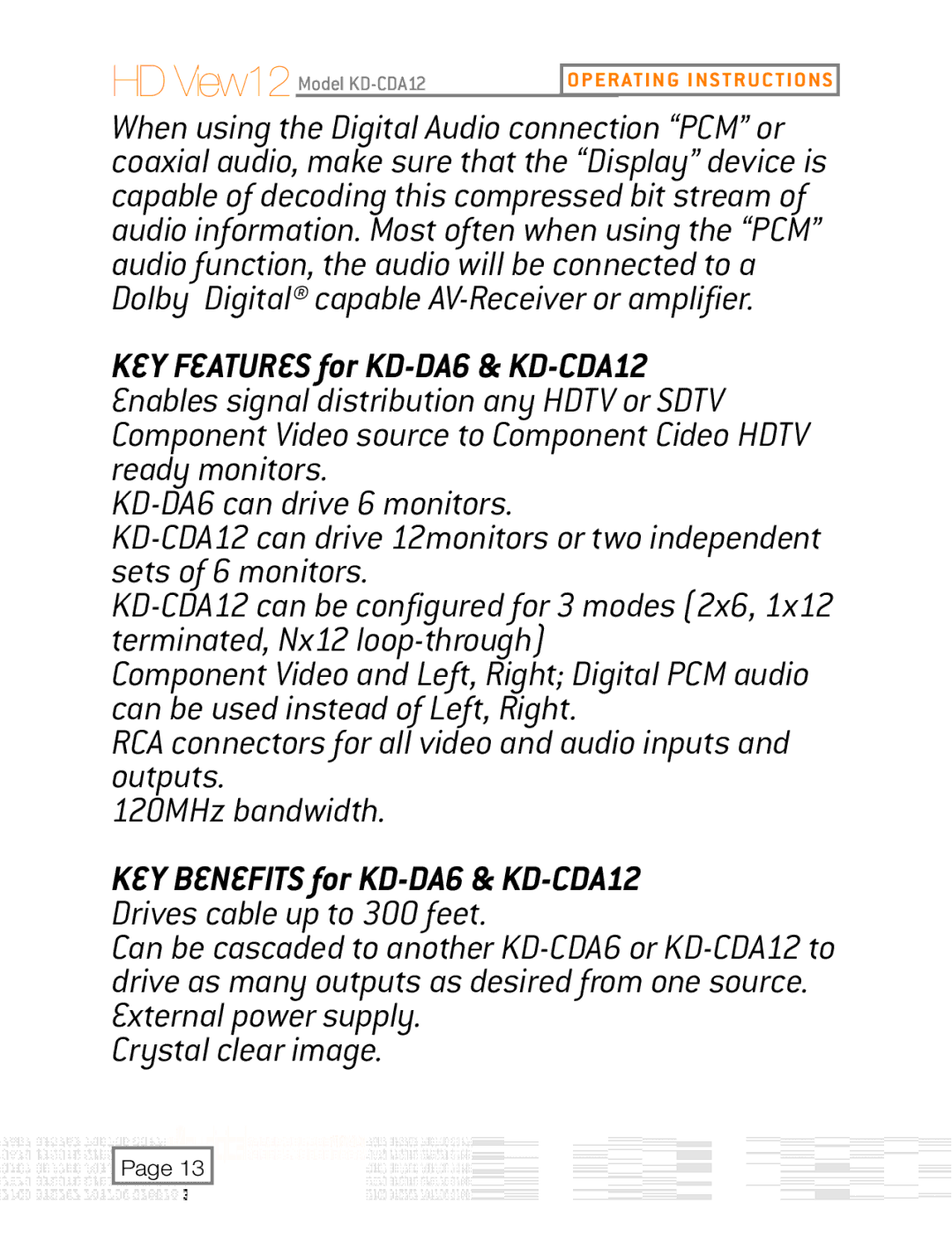 Key Digital user manual KEY Benefits for KD-DA6 & KD-CDA12 