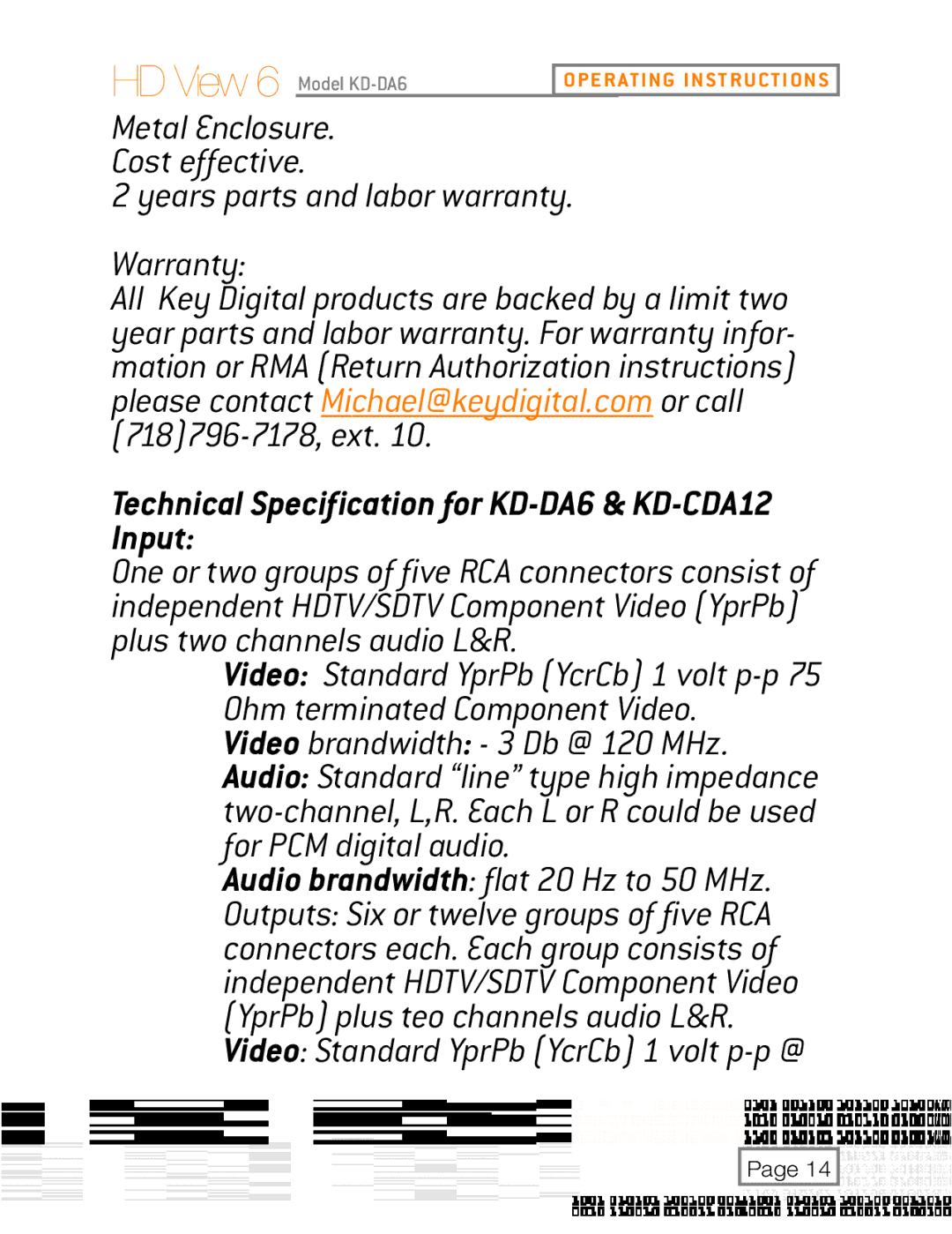 Key Digital user manual Years parts and labor warranty Warranty, Technical Specification for KD-DA6 & KD-CDA12 Input 