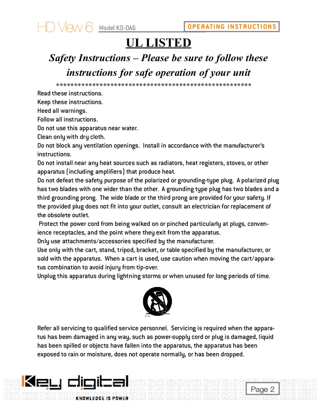 Key Digital KD-CDA12 user manual Model KD-DA6UL Listedoperating Instructions 