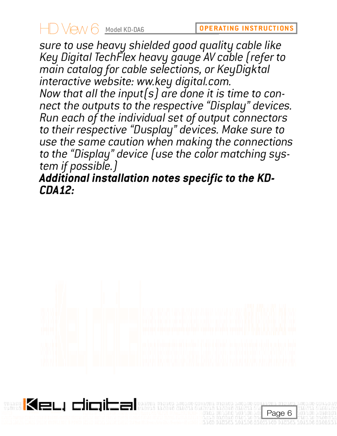 Key Digital KD-DA6, KD-CDA12 user manual Additional installation notes specific to the KD- CDA12 