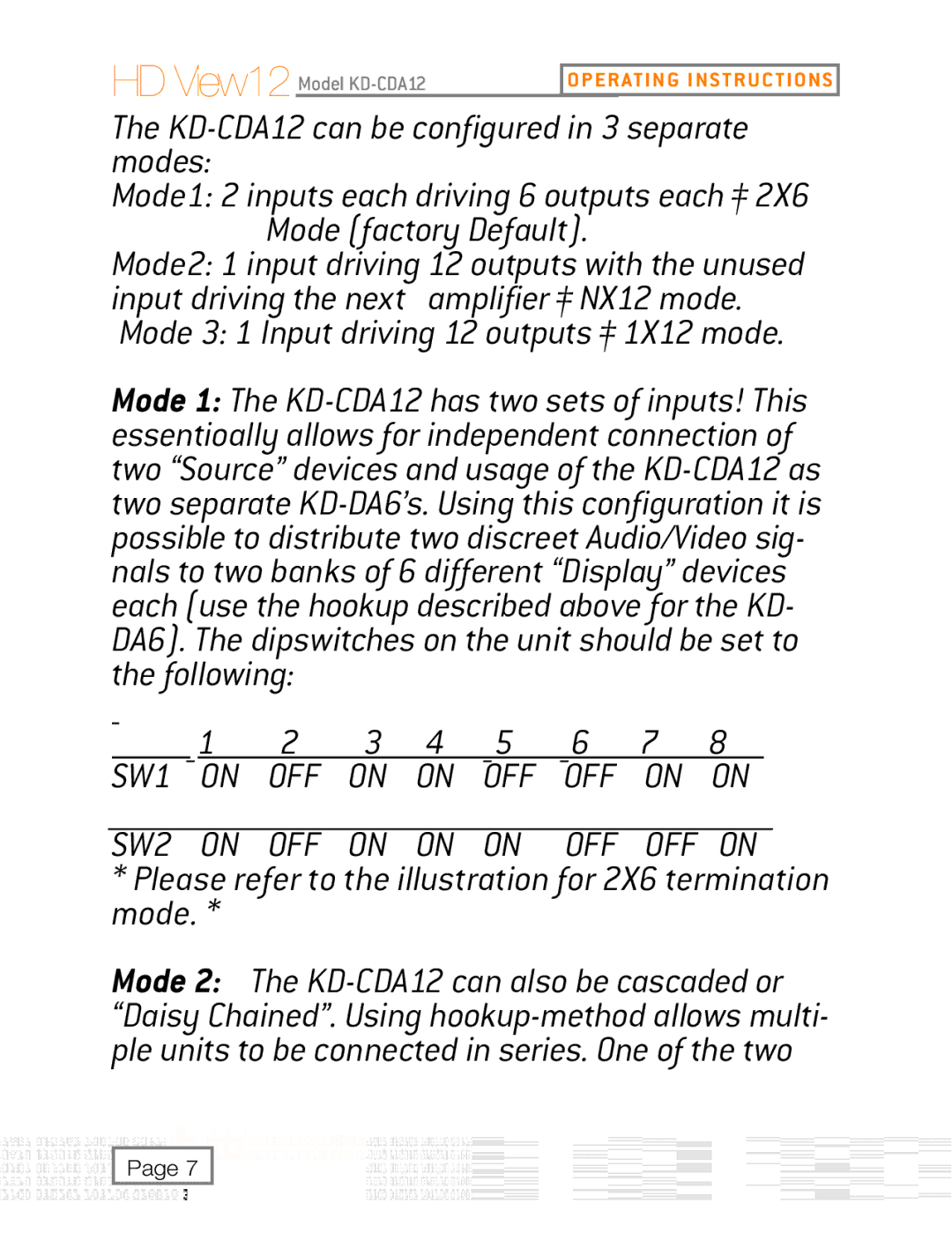 Key Digital KD-CDA12, KD-DA6 SW2 on OFF on on on OFF OFF on, Please refer to the illustration for 2X6 termination mode 