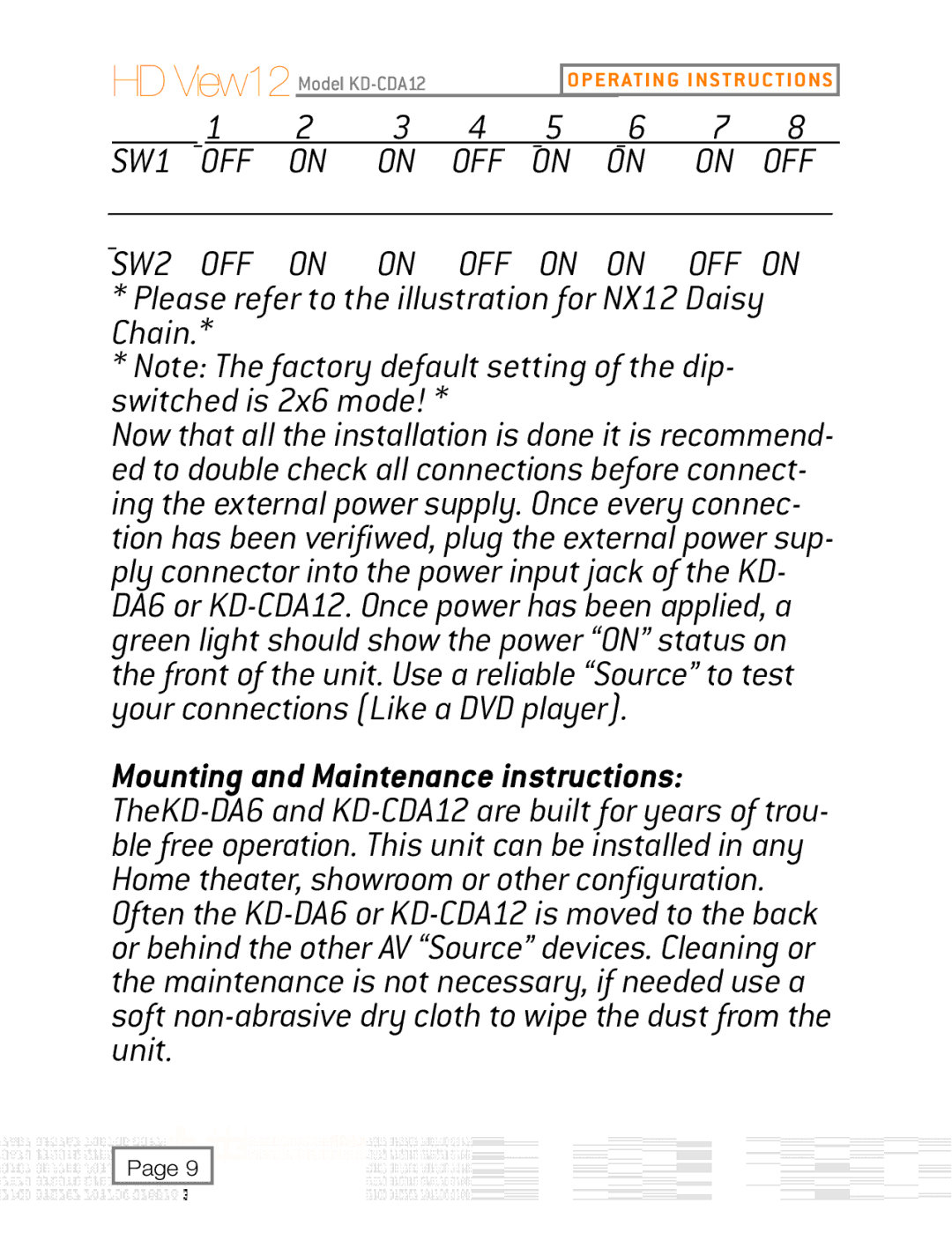 Key Digital KD-CDA12, KD-DA6 SW2 OFF on on OFF on on OFF on, Please refer to the illustration for NX12 Daisy Chain 