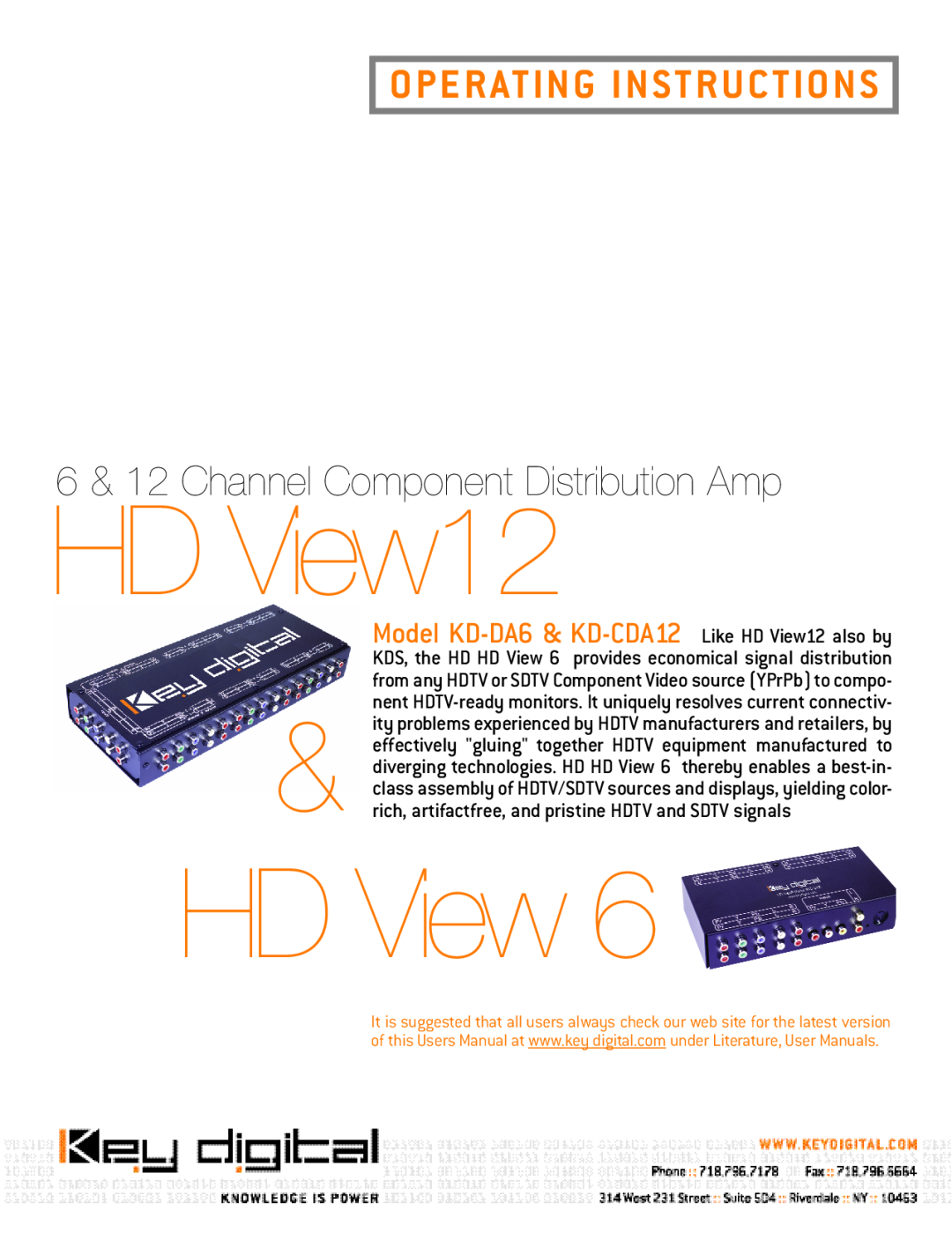 Key Digital KD-CDA12, KD-DA6 user manual HD View12, Operating Instructions, 6 & 12 Channel Component Distribution Amp 