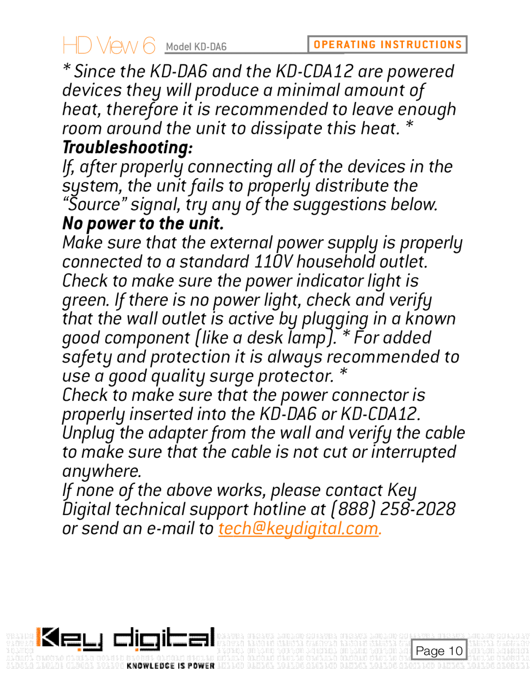 Key Digital KD-DA6, KD-CDA12 user manual Troubleshooting, No power to the unit 