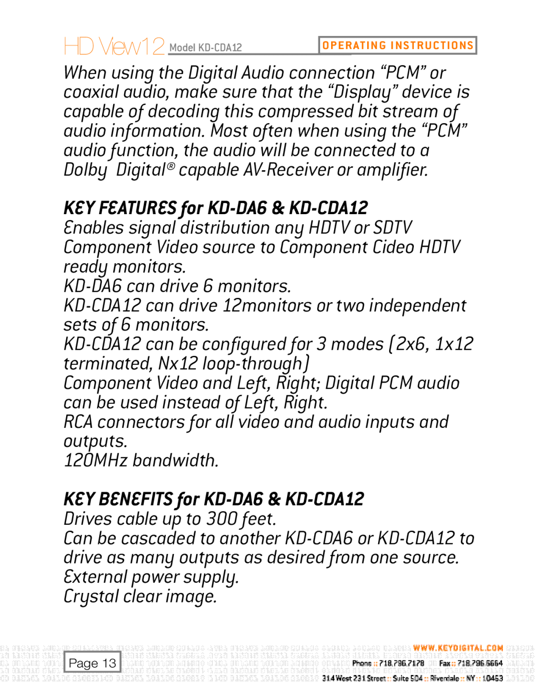 Key Digital user manual KEY BENEFITS for KD-DA6& KD-CDA12 