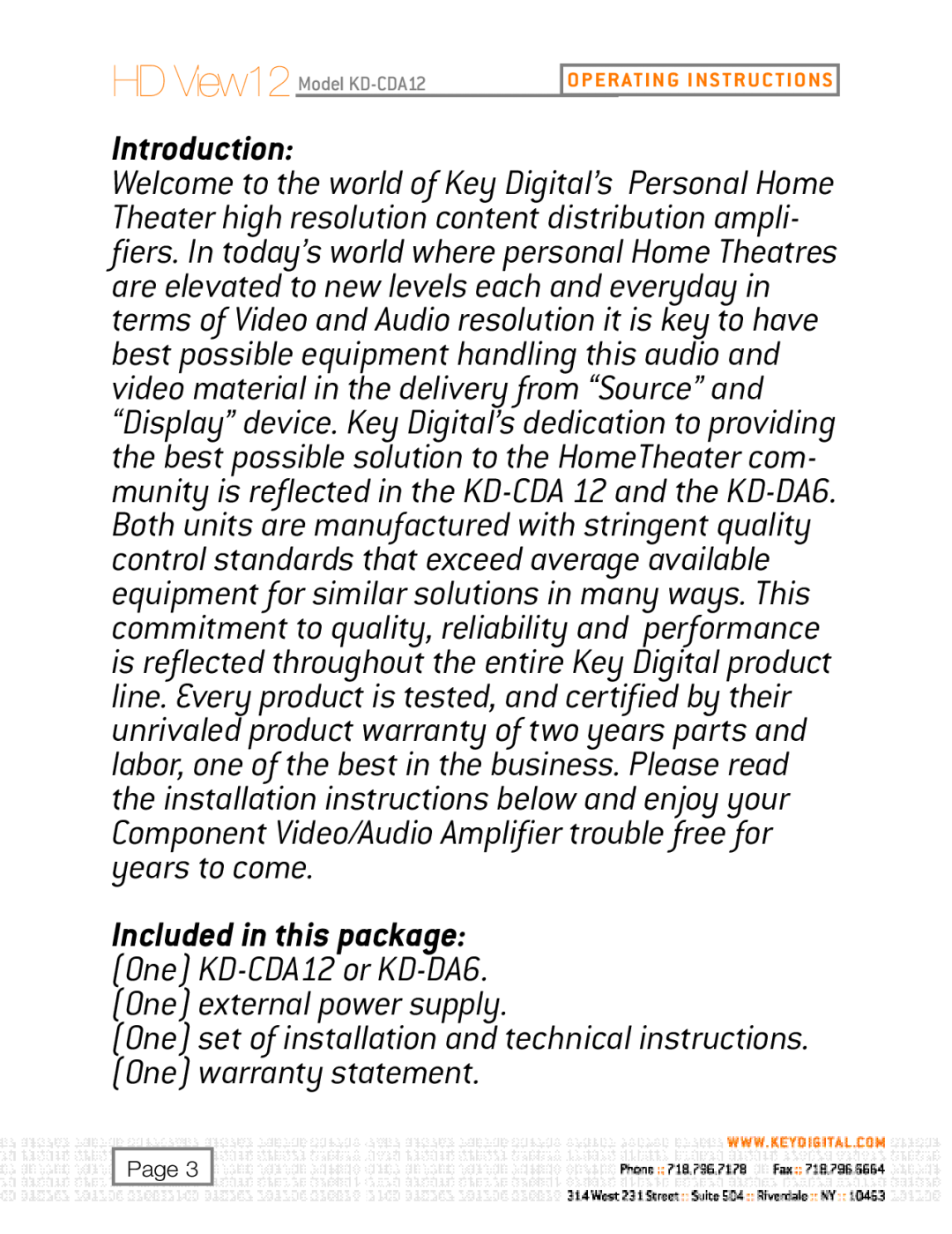 Key Digital KD-CDA12, KD-DA6 user manual Introduction, One external power supply, One warranty statement 