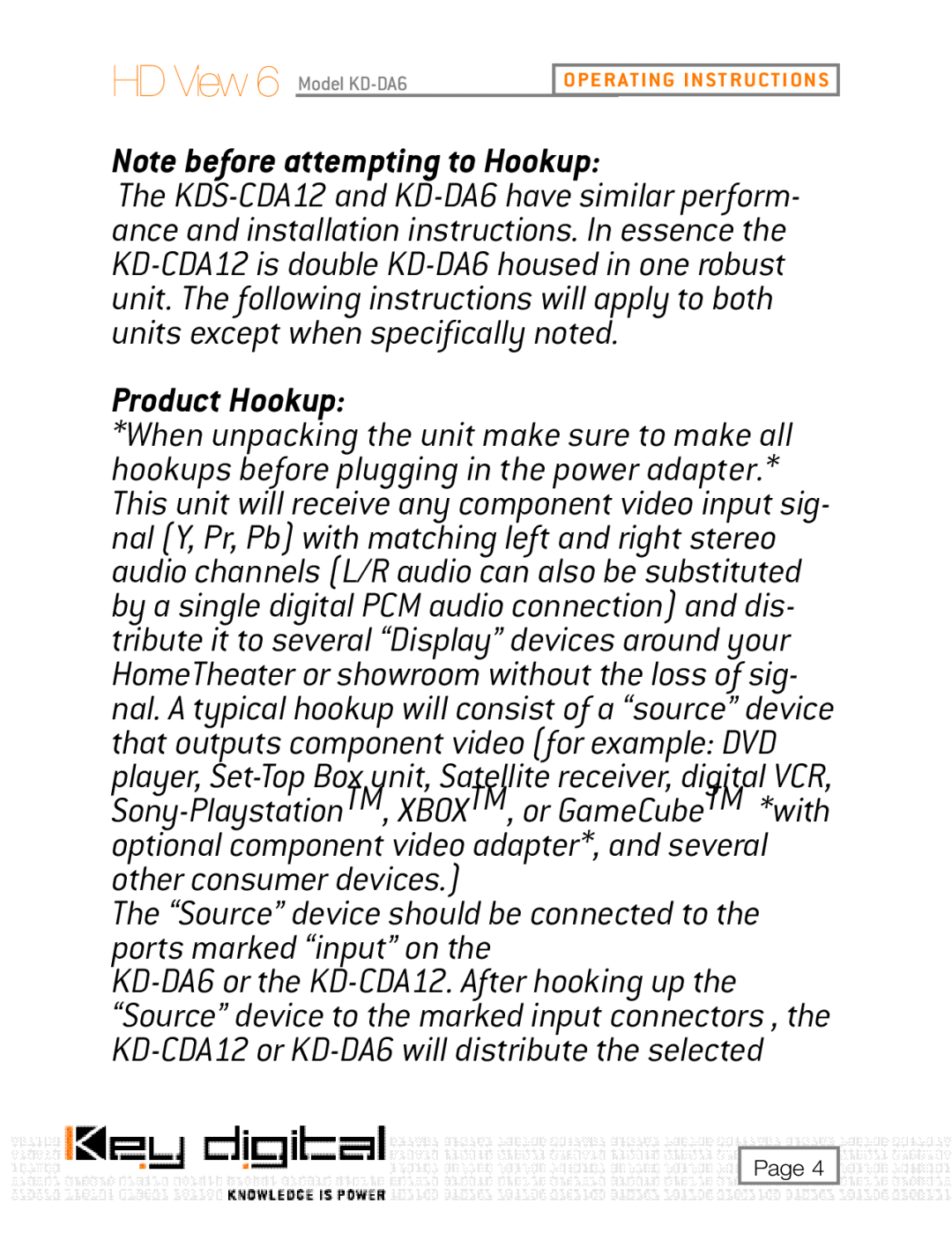 Key Digital KD-CDA12 user manual Note before attempting to Hookup, Product Hookup, HD View 6 Model KD-DA6 