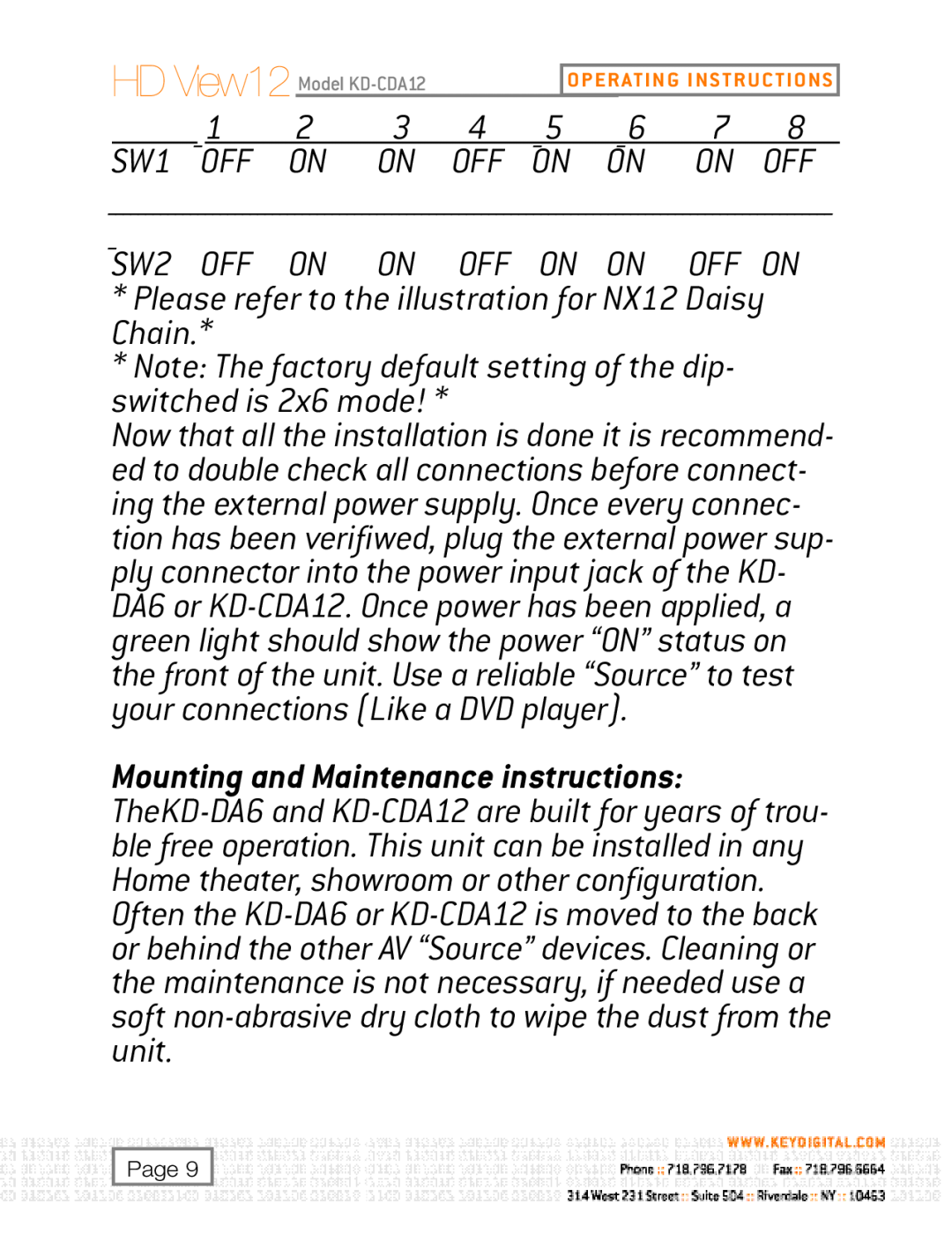 Key Digital KD-CDA12, KD-DA6 user manual SW2 OFF ON ON OFF ON ON OFF ON 