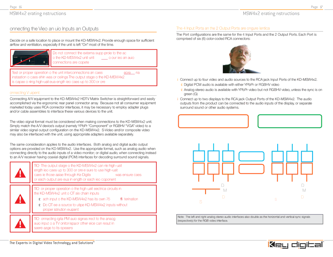 Key Digital KD-MSW4X2 operating instructions Connecting the Video and Audio Inputs and Outputs, Connecting A/V Equipment 