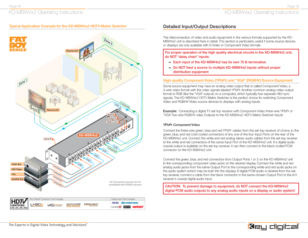 Key Digital KD-MSW4X2 operating instructions Zone2, Detailed Input/Output Descriptions 