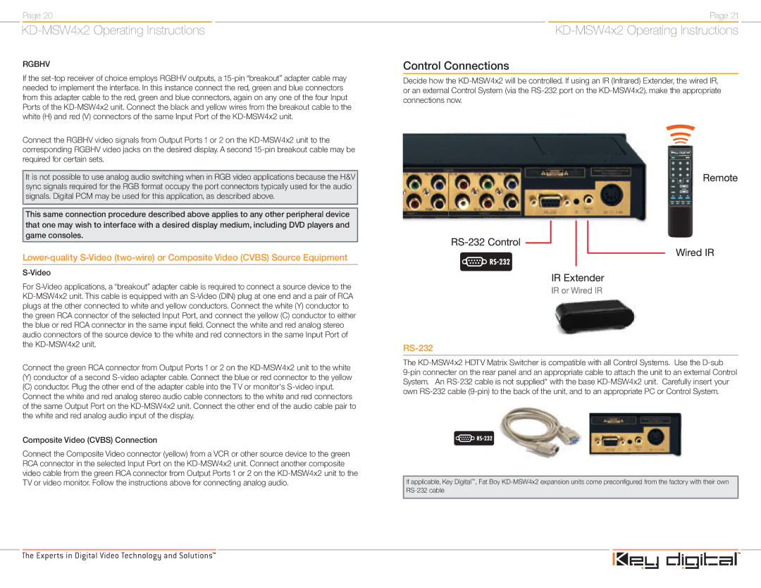 Key Digital KD-MSW4X2 operating instructions Control Connections, RS-232 