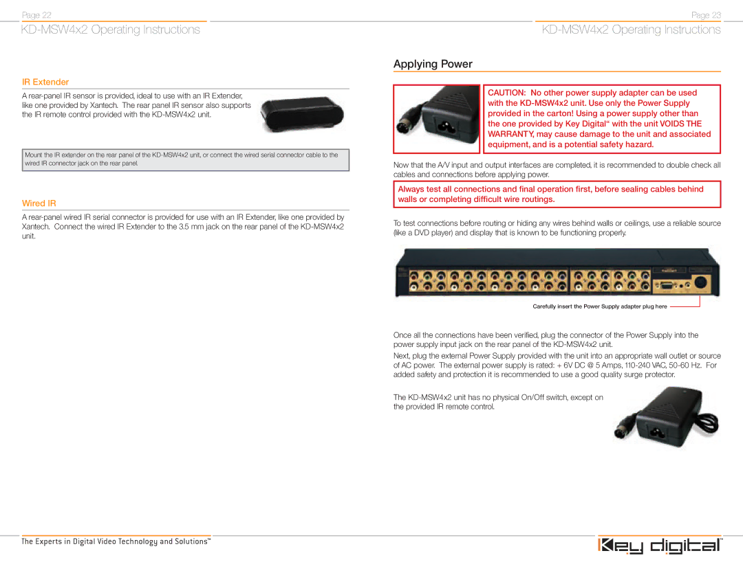 Key Digital KD-MSW4X2 operating instructions Applying Power, IR Extender, Wired IR 