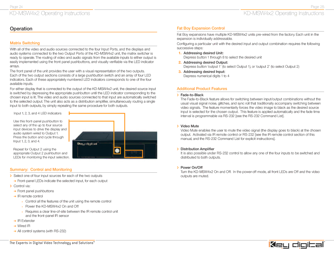 Key Digital KD-MSW4X2 Operation, Matrix Switching, Summary Control and Monitoring, Fat Boy Expansion Control 