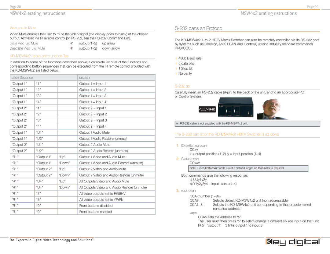 Key Digital KD-MSW4X2 RS-232 Commands and Protocol, Video and Audio Mute, KD-MSW4x2 IR Remote Control Function Table 