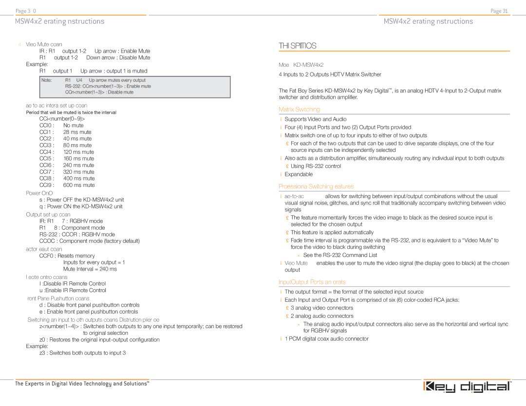 Key Digital KD-MSW4X2 operating instructions Technical Specifications, Input/Output Ports and Formats 