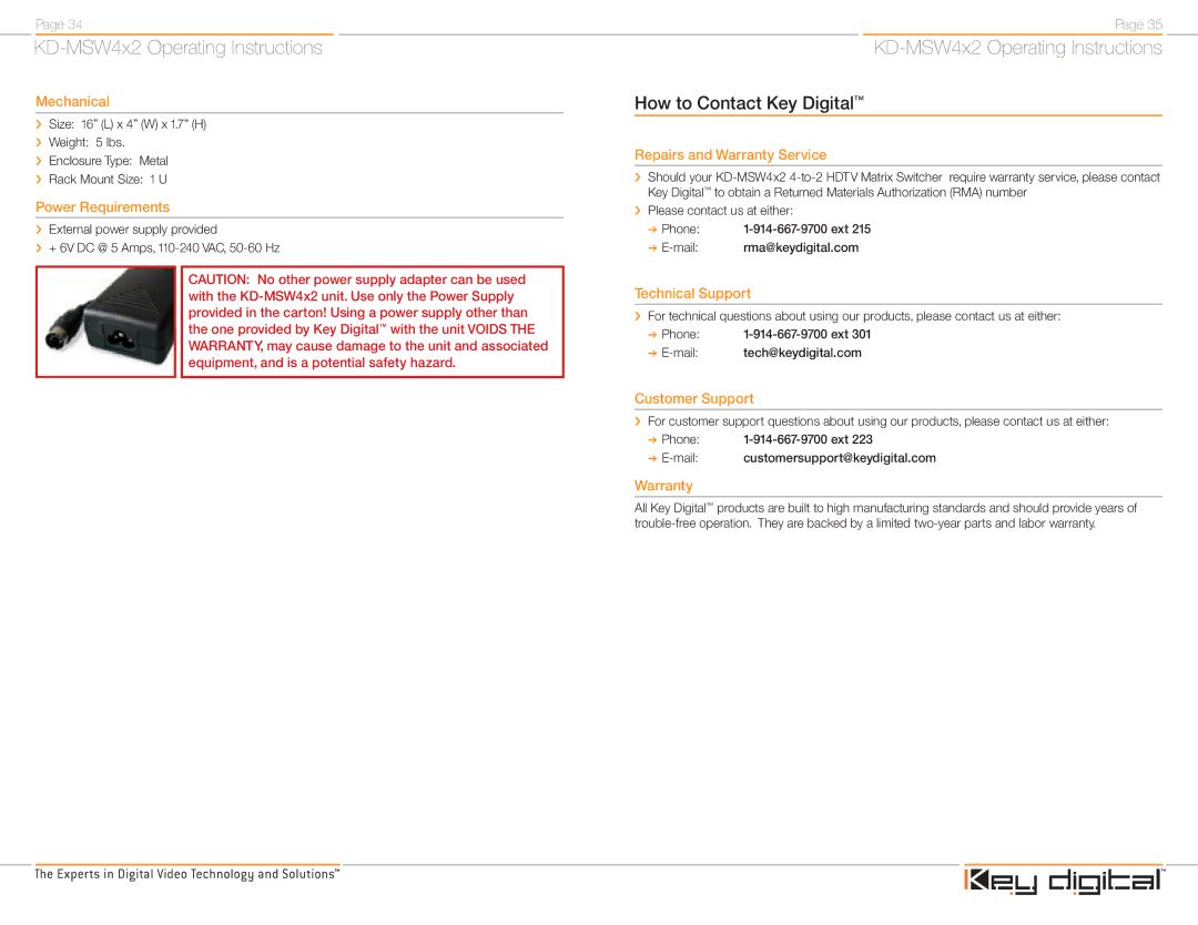 Key Digital KD-MSW4X2 operating instructions How to Contact Key Digital 