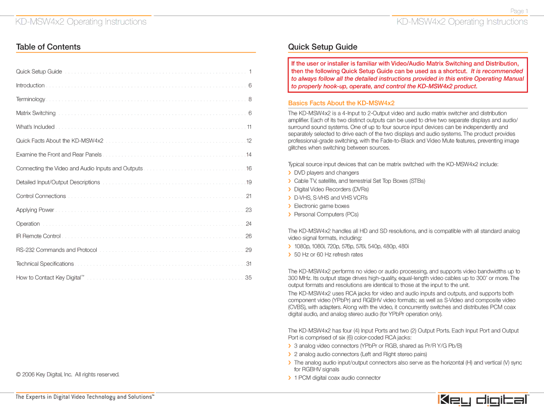 Key Digital KD-MSW4X2 operating instructions Table of Contents, Quick Setup Guide 