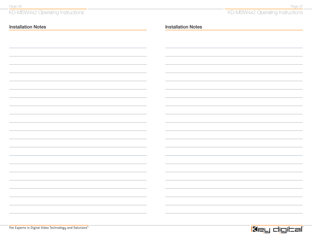 Key Digital KD-MSW4X2 operating instructions Installation Notes 