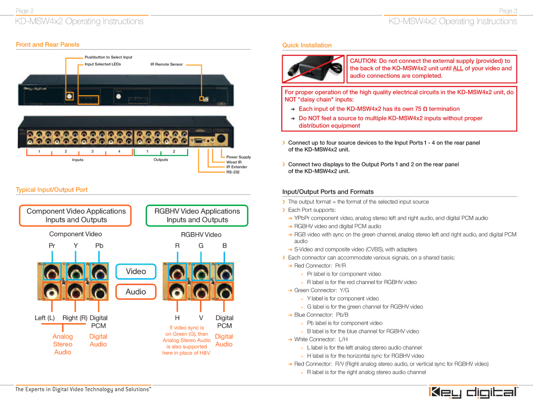 Key Digital KD-MSW4X2 Video Audio, Front and Rear Panels, Typical Input/Output Port, Quick Installation 