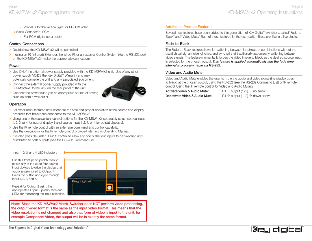 Key Digital KD-MSW4X2 operating instructions Control Connections, Additional Product Features 