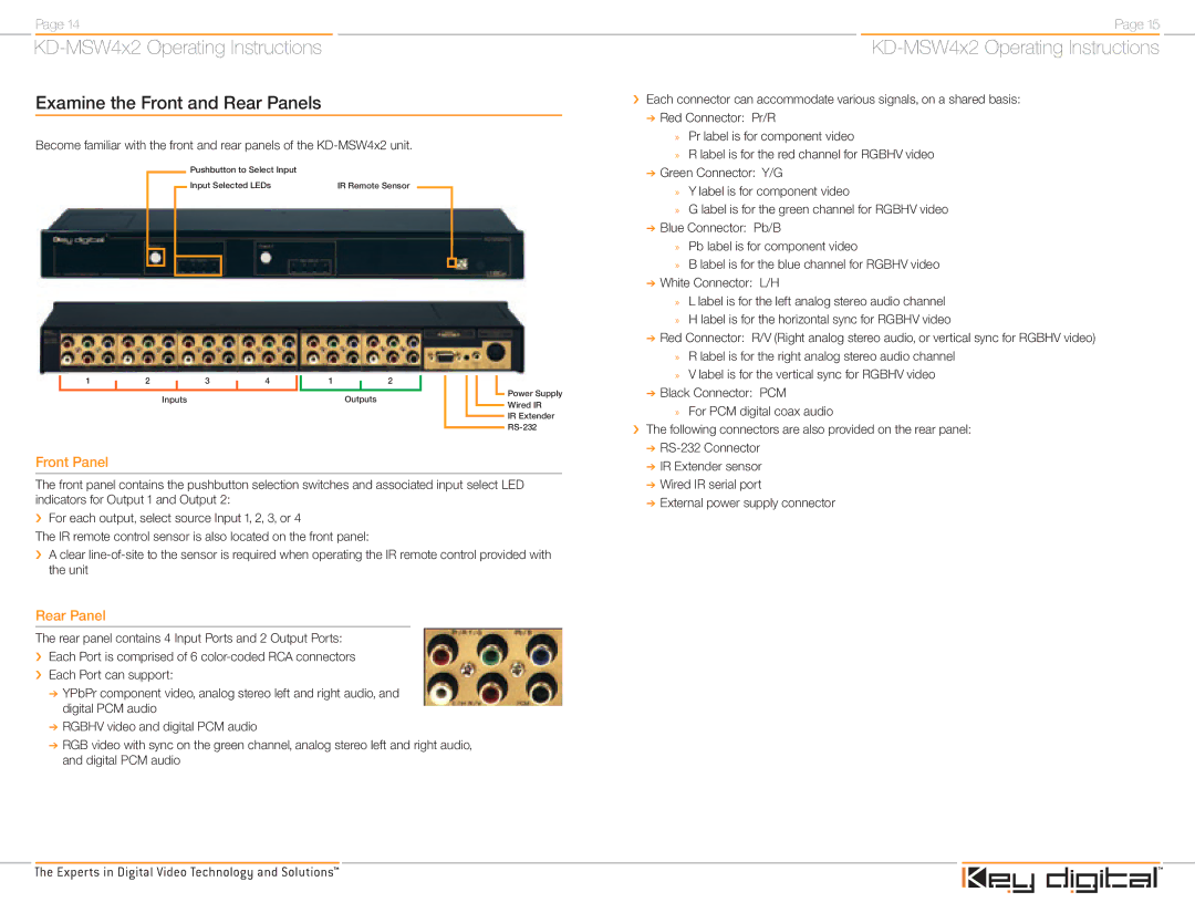 Key Digital KD-MSW4X2 operating instructions Examine the Front and Rear Panels, Front Panel 