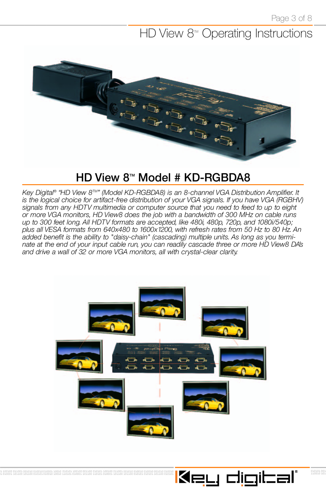 Key Digital manual Page 3 of, HD View 8TM Operating Instructions, HD View 8TM Model # KD-RGBDA8 