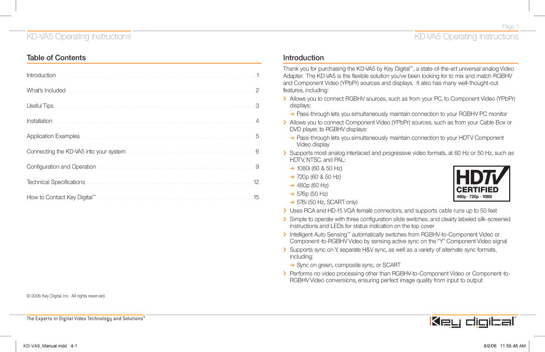 Key Digital KD-VA5 manual Table of Contents, Introduction 