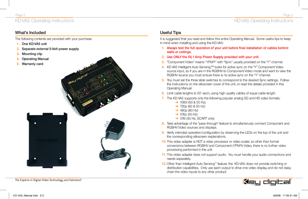 Key Digital KD-VA5 manual What’s Included, Useful Tips 