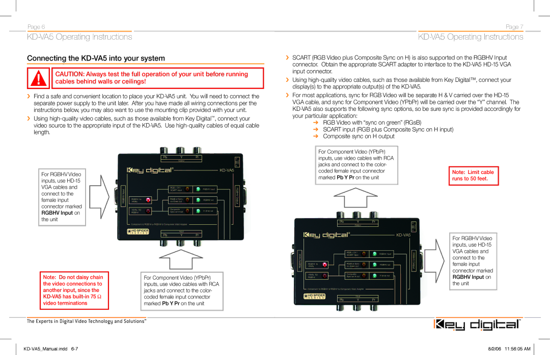 Key Digital manual Connecting the KD-VA5 into your system, Video terminations Marked Pb Y Pr on the unit 