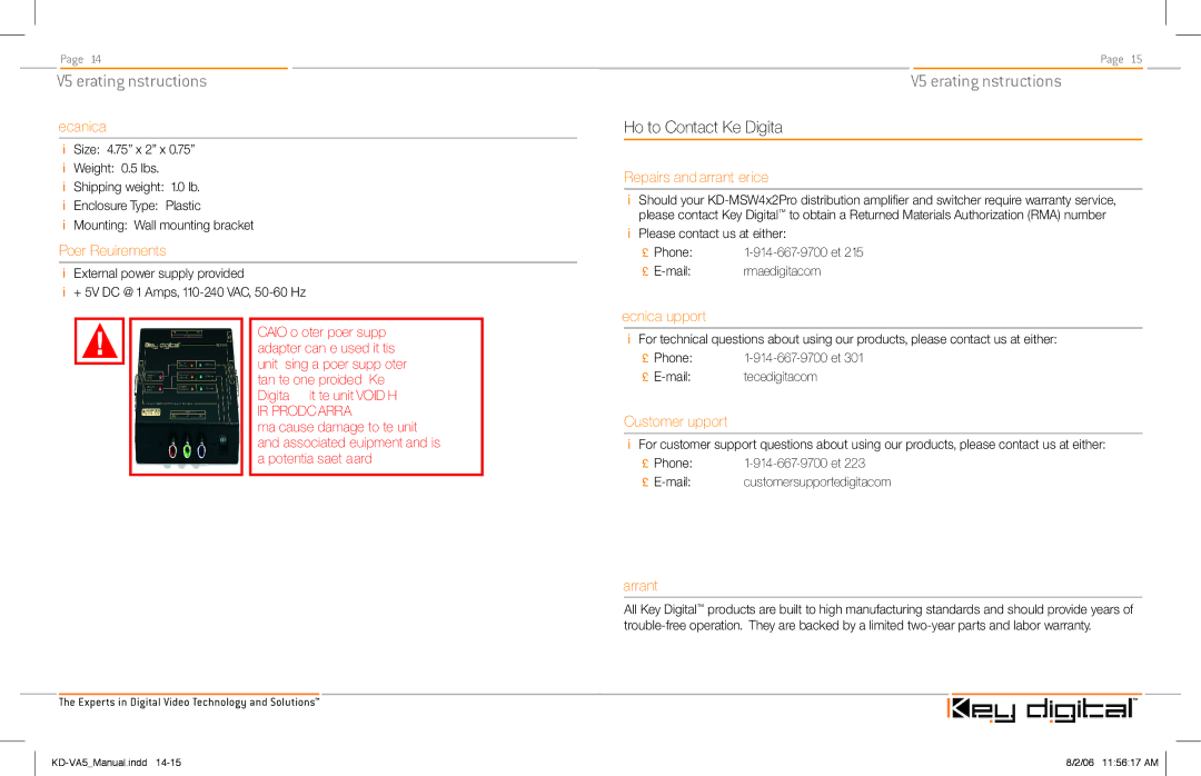 Key Digital KD-VA5 manual How to Contact Key Digital 