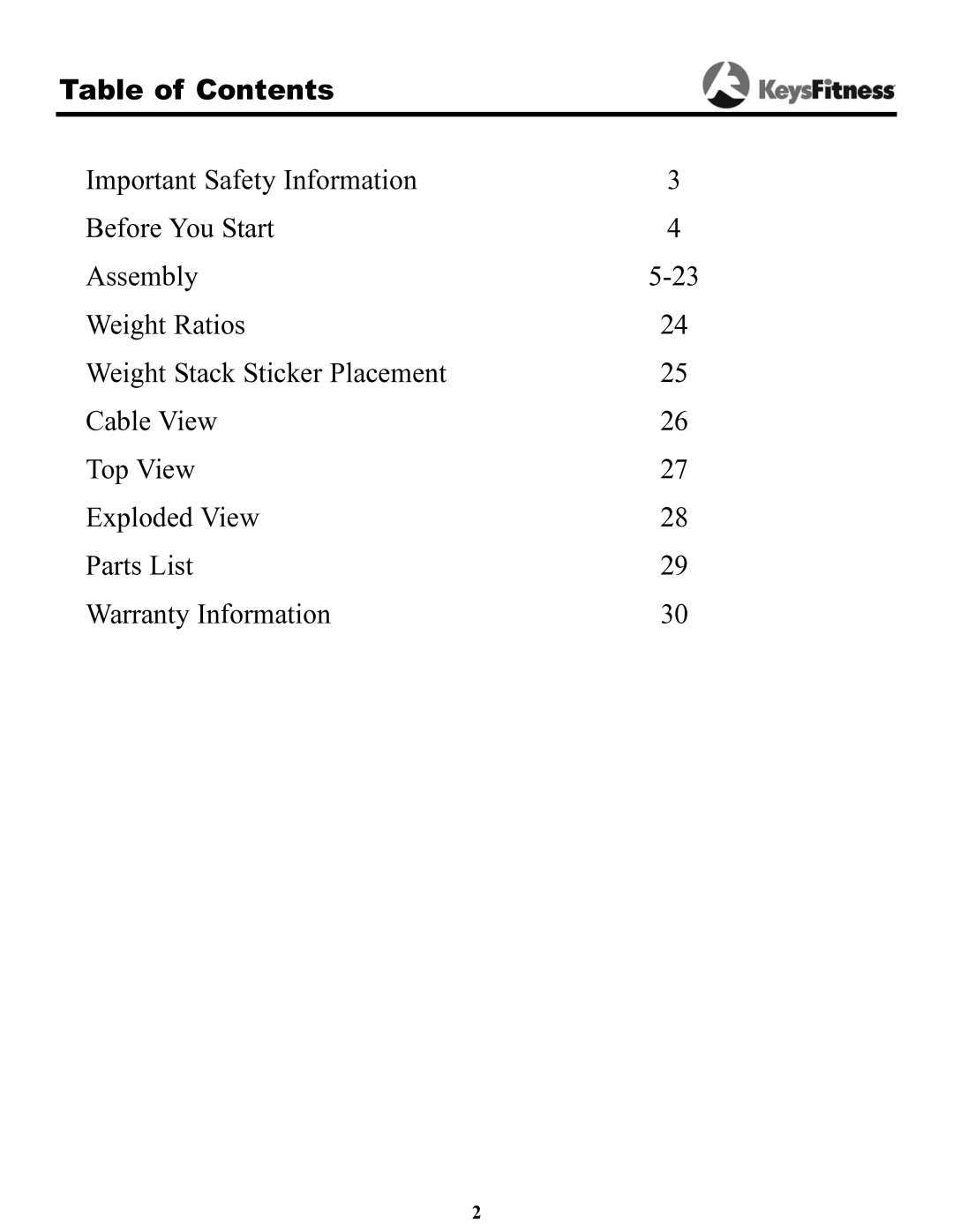 Keys Fitness 1550 owner manual Table of Contents 