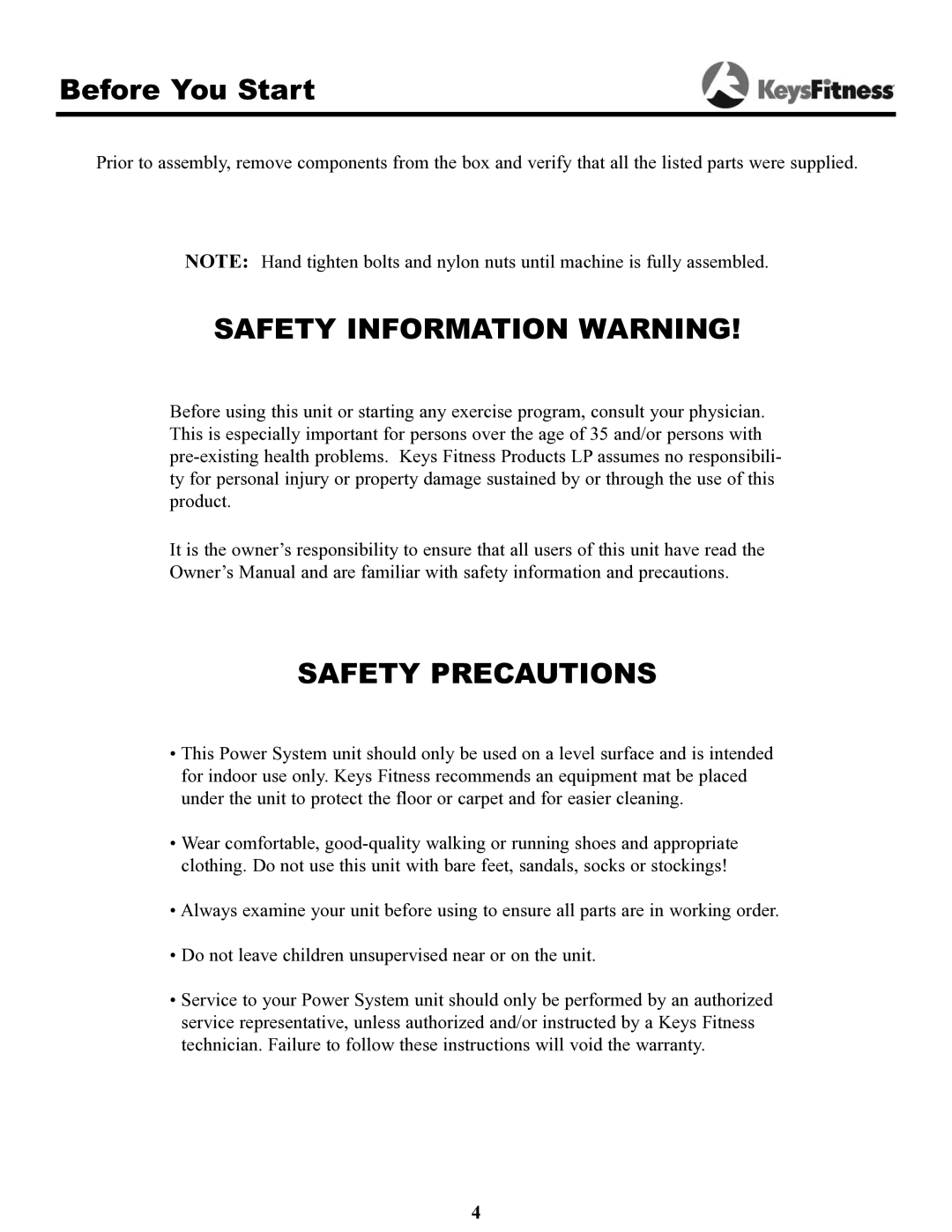 Keys Fitness 1550 owner manual Before You Start, Safety Information Warning 