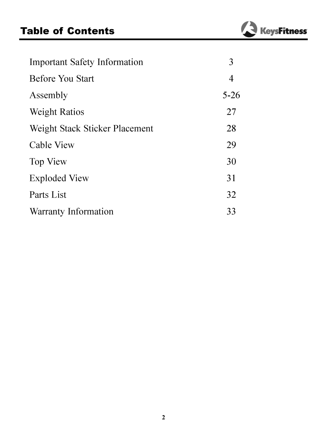 Keys Fitness 1850 owner manual Table of Contents 