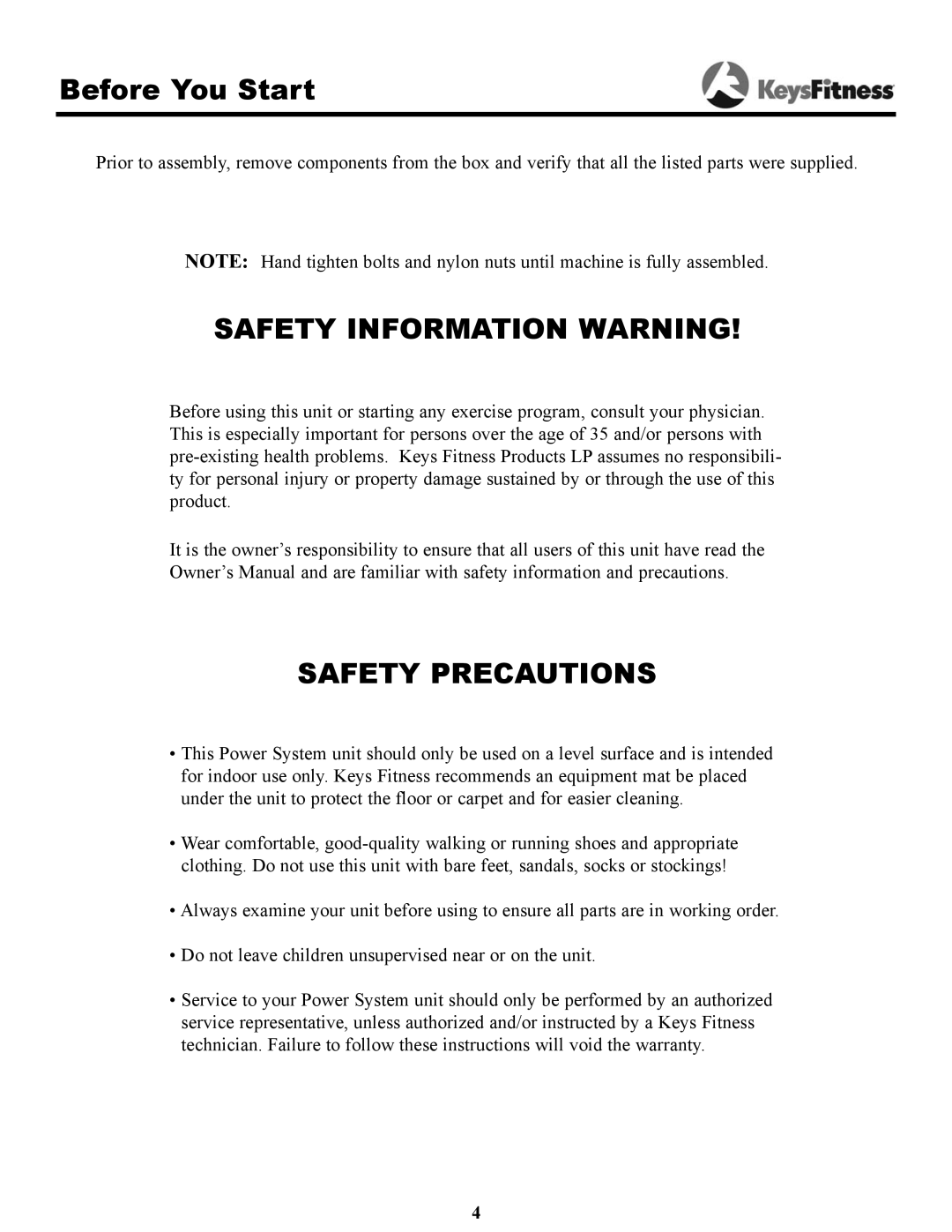 Keys Fitness 1850 owner manual Before You Start, Safety Information Warning 