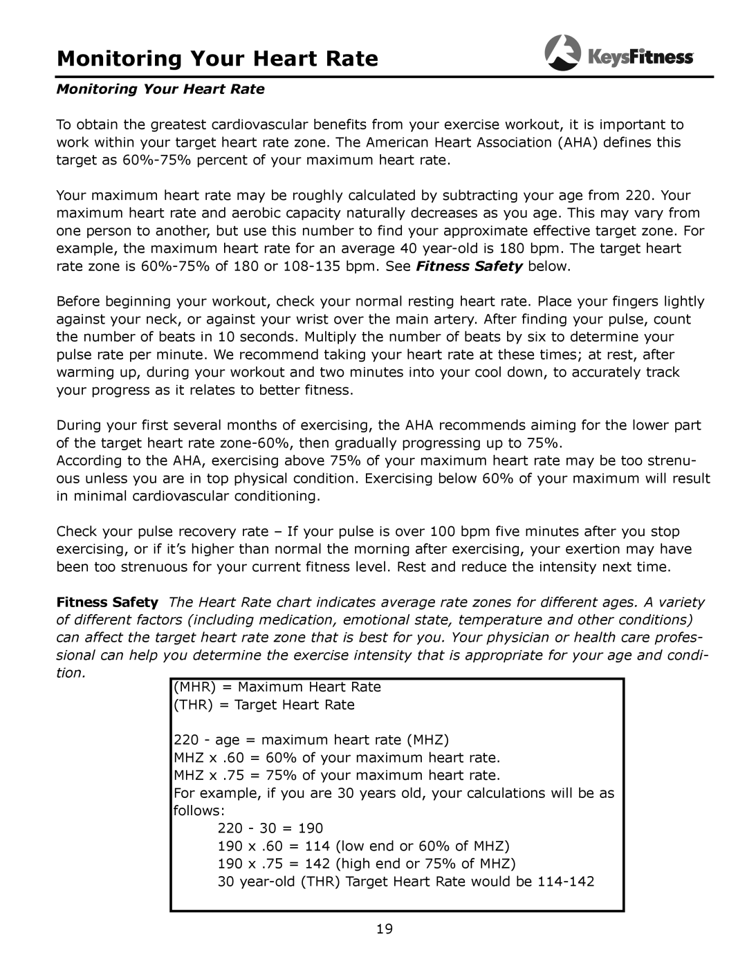 Keys Fitness 315-00106 owner manual Monitoring Your Heart Rate 