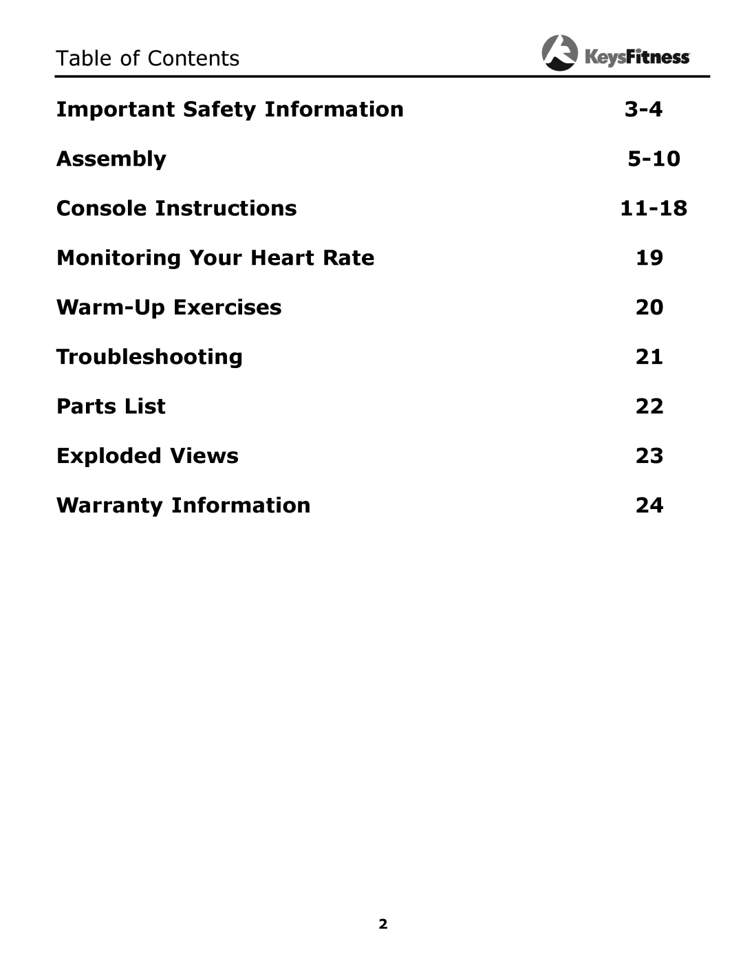 Keys Fitness 315-00106 owner manual Table of Contents 