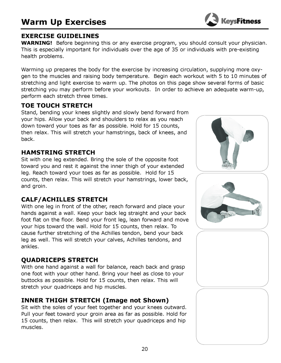 Keys Fitness 315-00106 owner manual Warm Up Exercises, Exercise Guidelines 