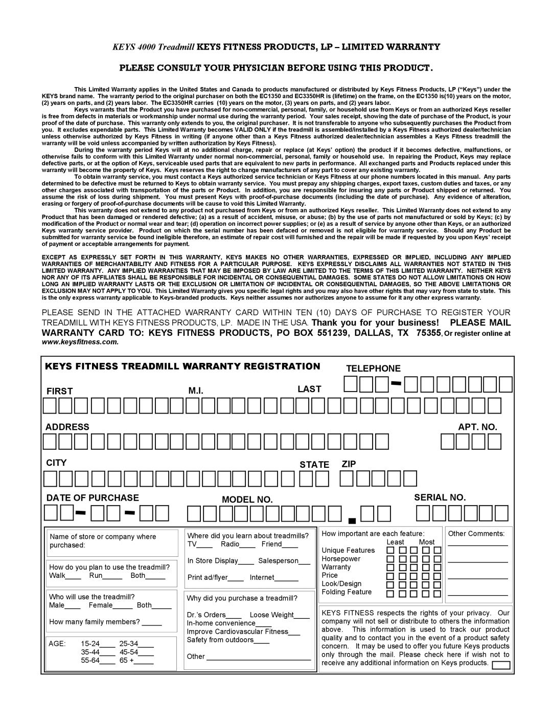 Keys Fitness 3350HR, 1350 owner manual Please Consult Your Physician Before Using this Product 