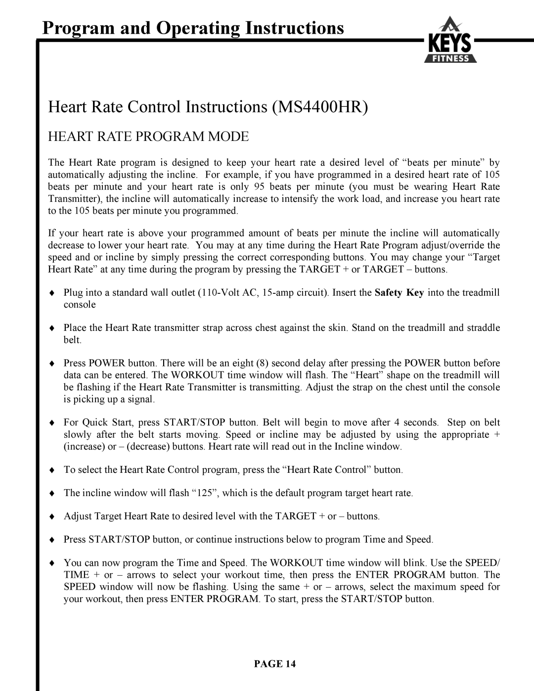 Keys Fitness 4200 owner manual Heart Rate Control Instructions MS4400HR 