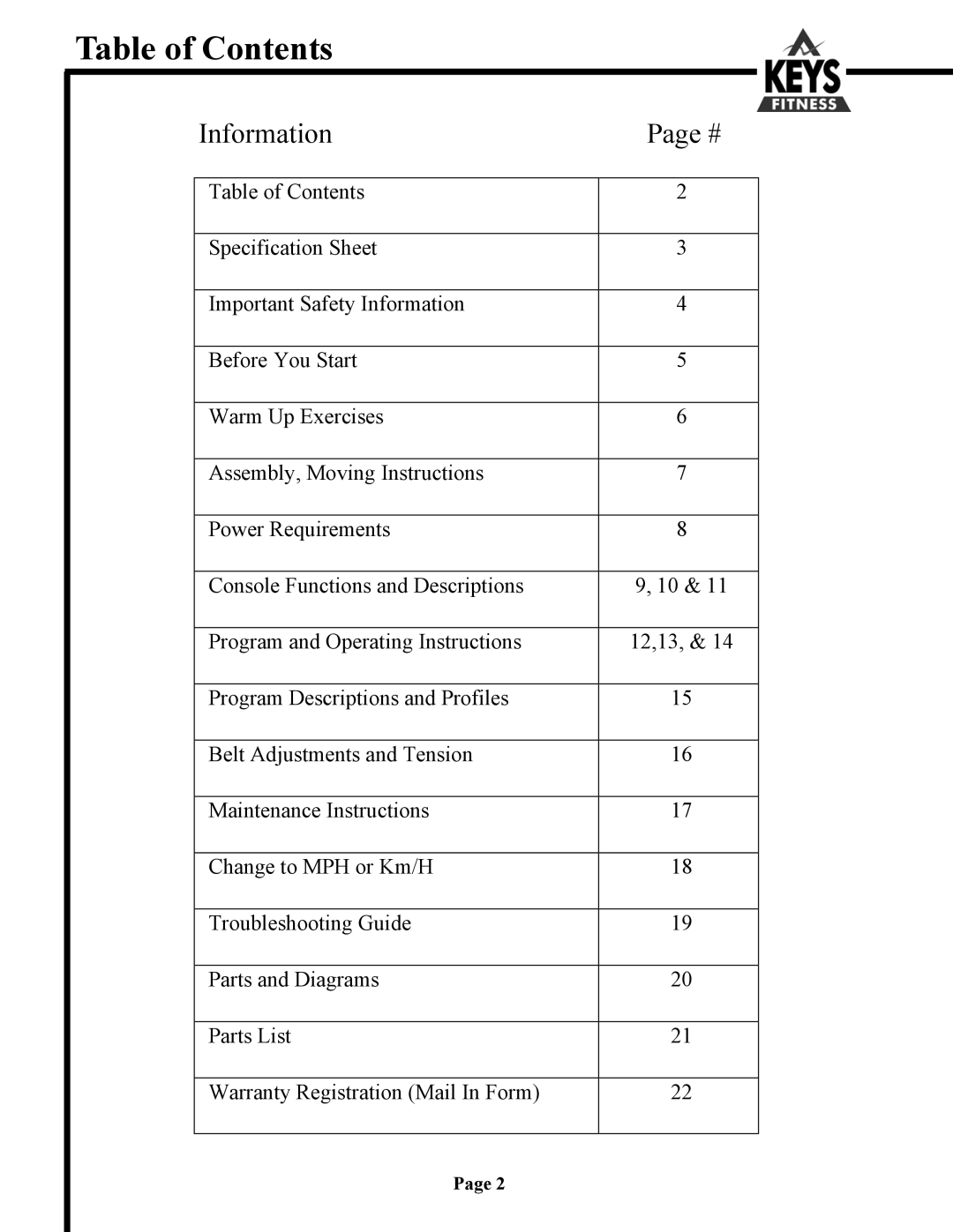 Keys Fitness 4400HR, 4200 owner manual Table of Contents 