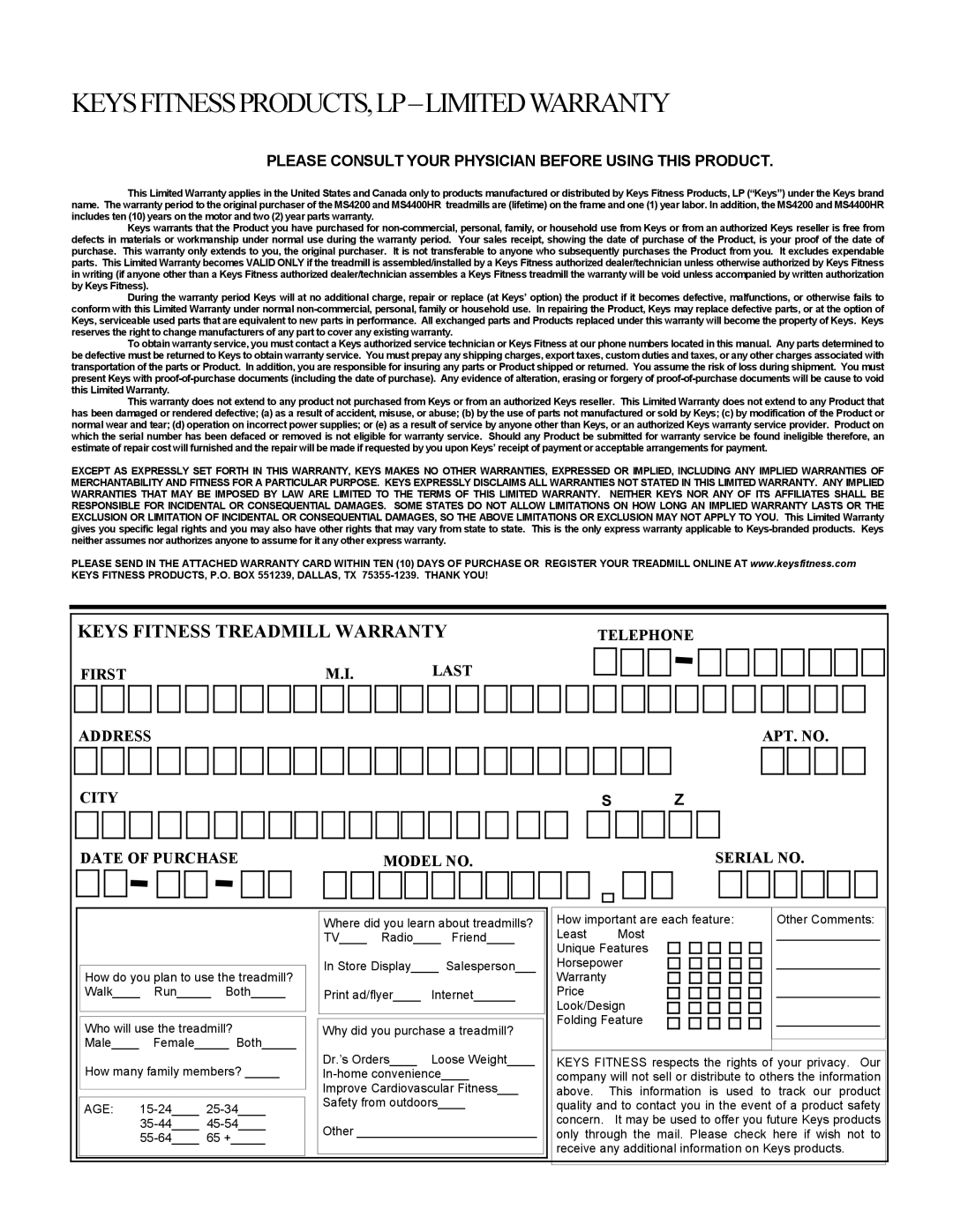 Keys Fitness 4400HR, 4200 owner manual Keysfitnessproducts,Lp-Limitedwarranty 