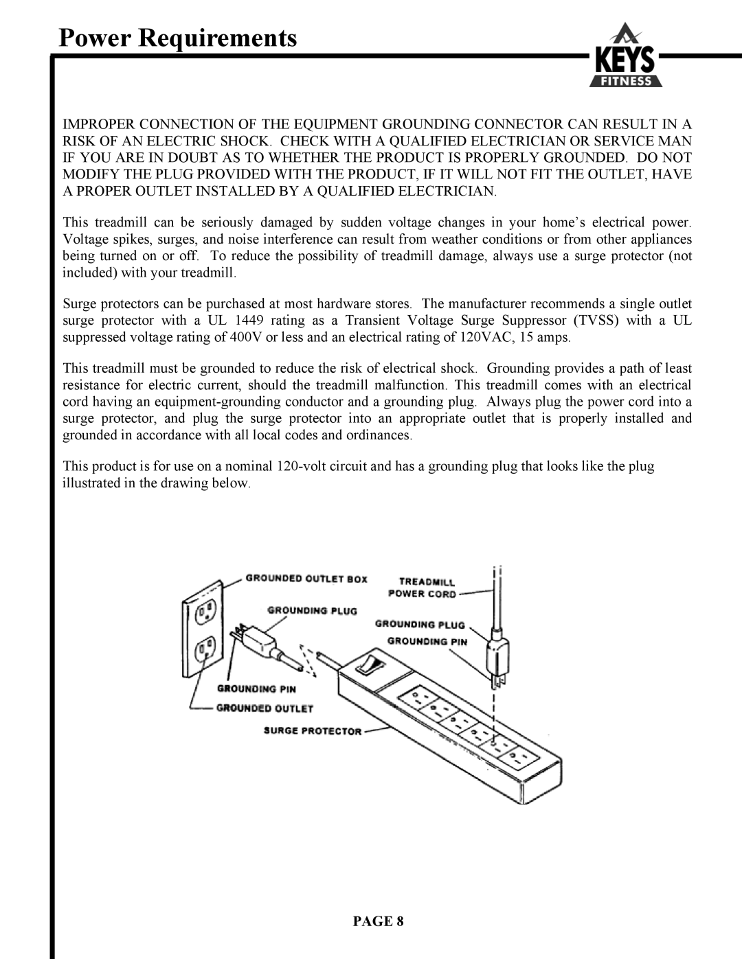 Keys Fitness 4400HR, 4200 owner manual Power Requirements 