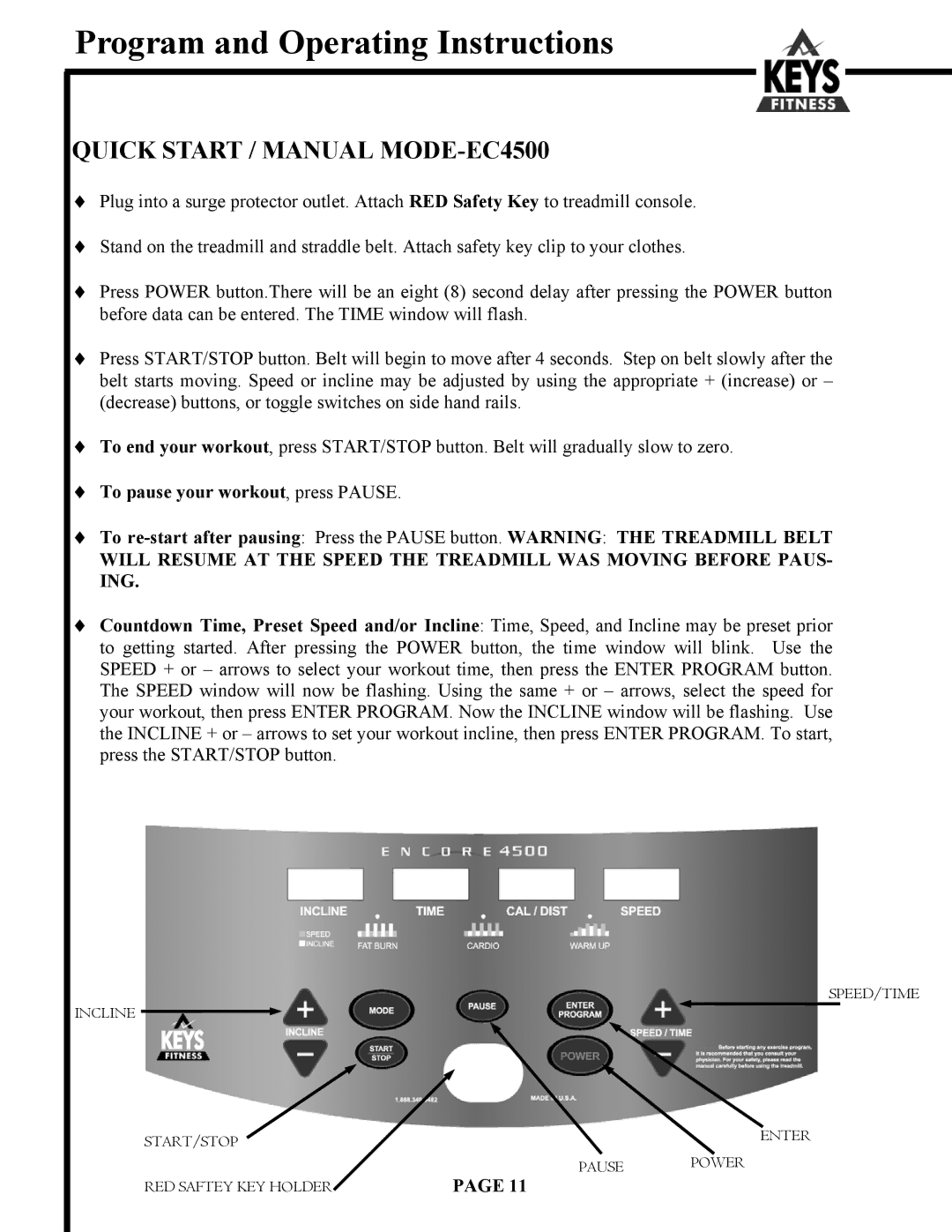 Keys Fitness 6500HR owner manual Program and Operating Instructions, Quick Start / Manual MODE-EC4500 