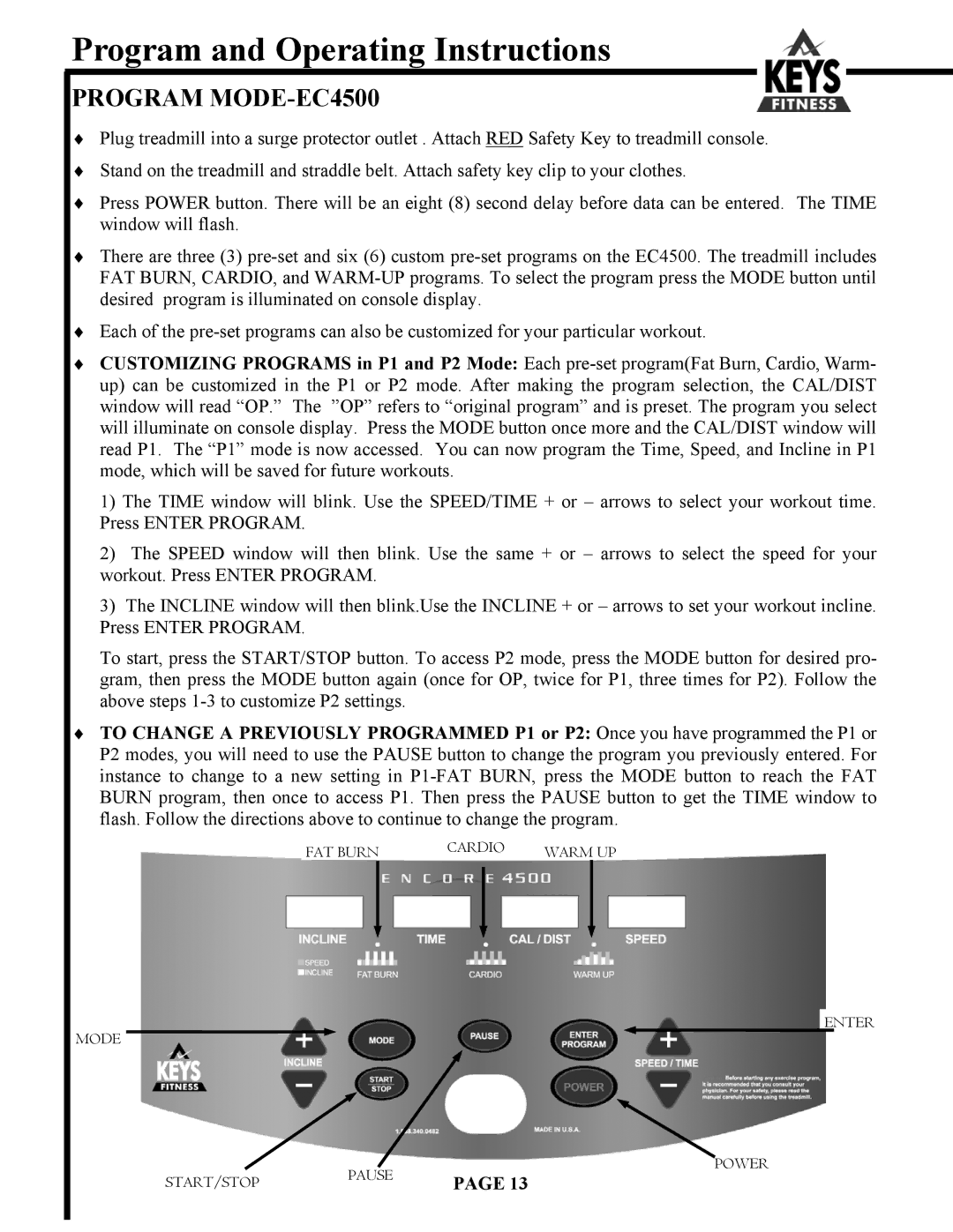 Keys Fitness 6500HR owner manual Program MODE-EC4500 