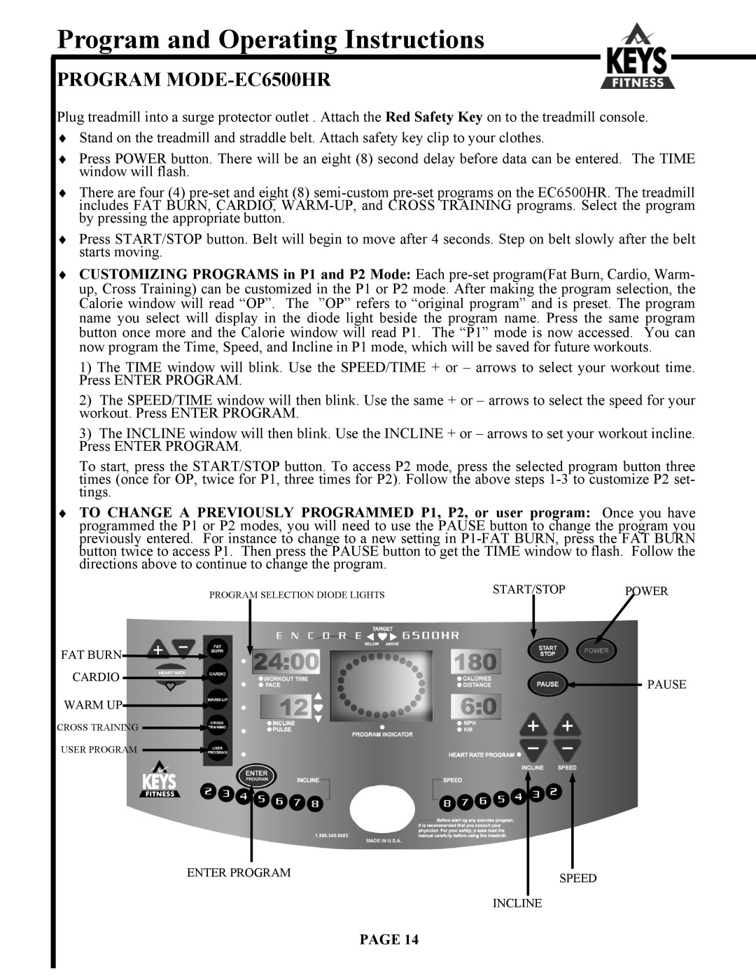 Keys Fitness 4500 owner manual Program MODE-EC6500HR 